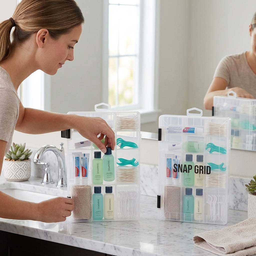 Snap Grid Modular Toiletry & Cosmetic Organizer (2 Pack) | Clear Plastic Travel Organizer with Removable Dividers